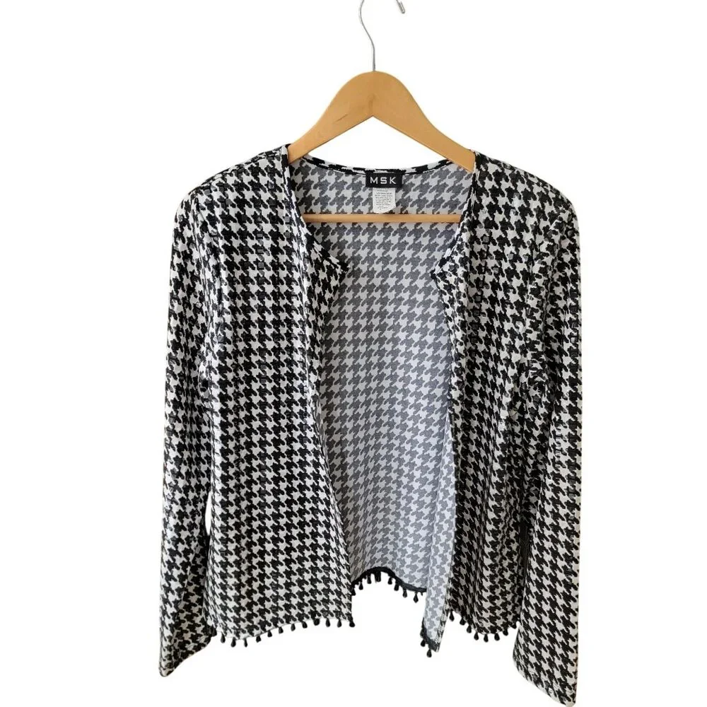 MSK Womens Houndstooth Sequin Cardigan Medium Polyester/Spandex Black/White - Picture 1 of 4